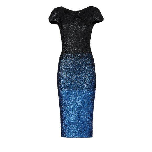 DRESS THE POPULATION black blue fully sequin embellished Marcella midi dress - Picture 1 of 12